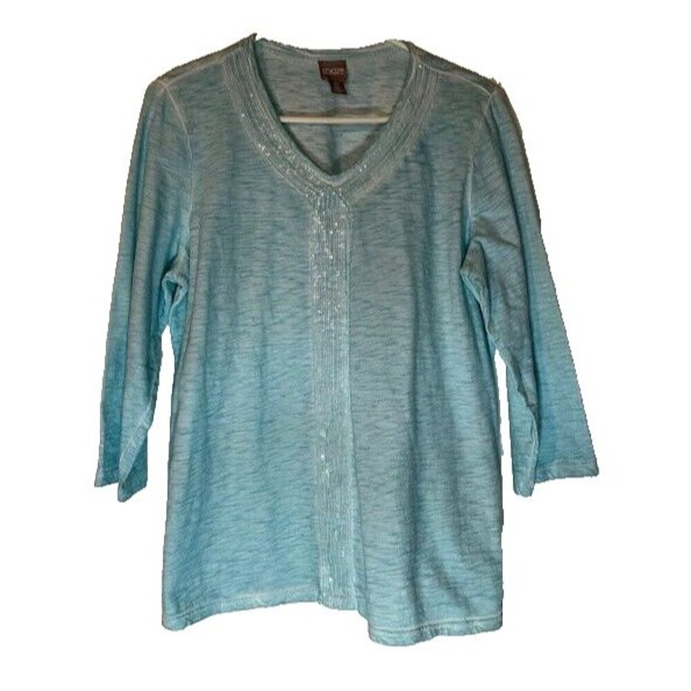Chico's Tee Sz XS Sparkly Light Blue V-Neck Sequin Trim 3/4 Sleeve Casual
